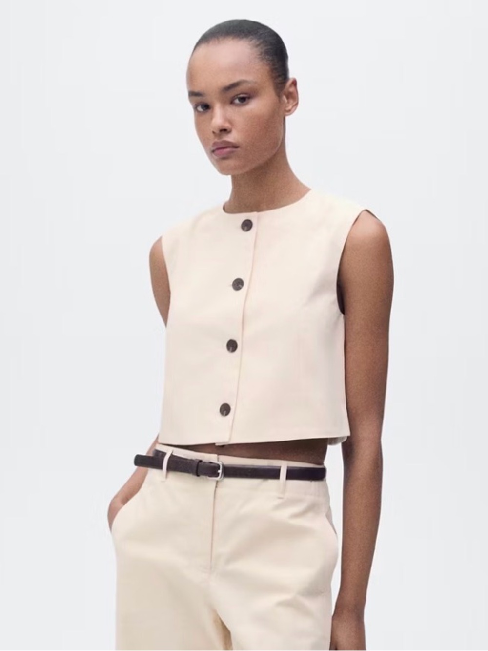 Mango Sleeveless Button-Front Crop Top in Light Cream Sz XL